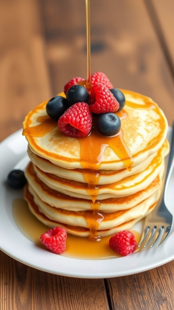 A stack of golden pancakes topped with berries and syrup on a rustic wooden table.